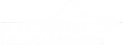 White logo with stylized sound wave above the words ENHANCED HEARING Specialists on a light background.